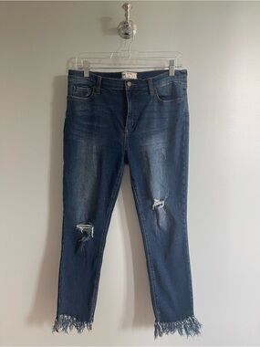 Free People Dark Blue Distressed Cropped Jeans with Frayed Ankles
